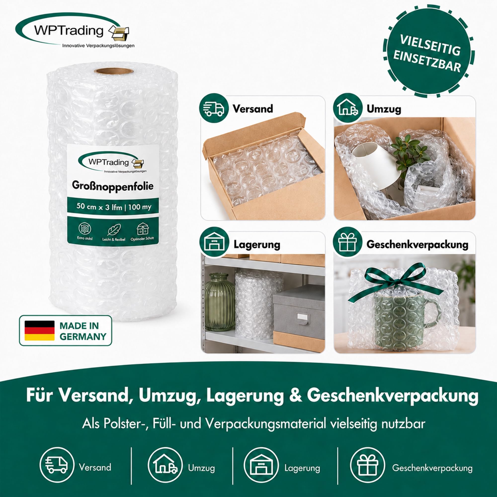 8 x Rolle Großnoppenfolie 50 cm x 3 m (2-lagige mit 100 my) - Noppenfolie 50cm breit mit Noppenhöhe 12 mm - Extra Stoßdämpfende Luftpolster- & Verpackungsfolie reißfest Versand & Umzug
