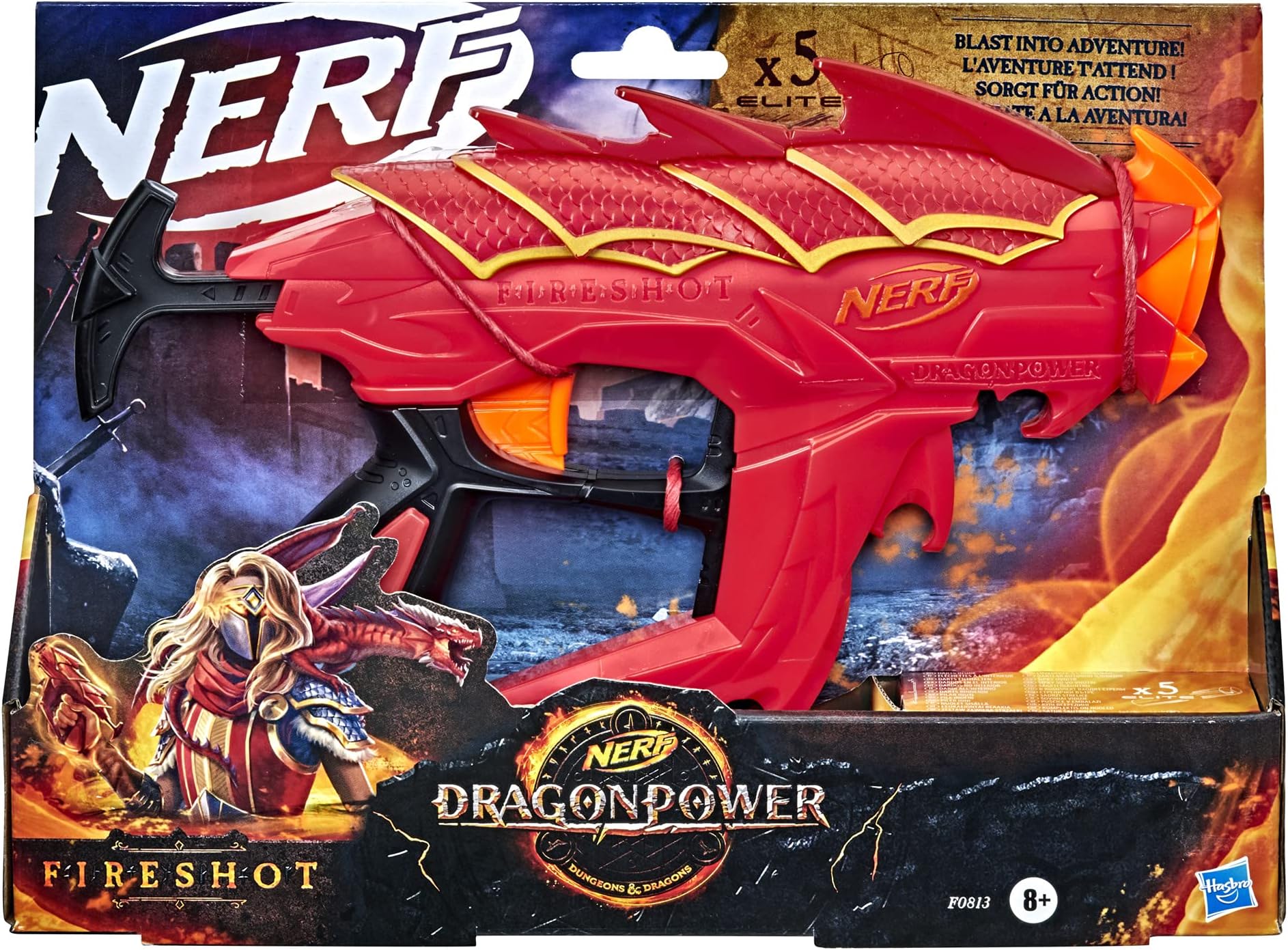 Dragonpower Fireshot Dart Blaster, Inspired By Dungeons And Dragons., 5 Official Nerf Darts, 4 Dart Storage, Priming Handle, Multicolour, F0813EU4