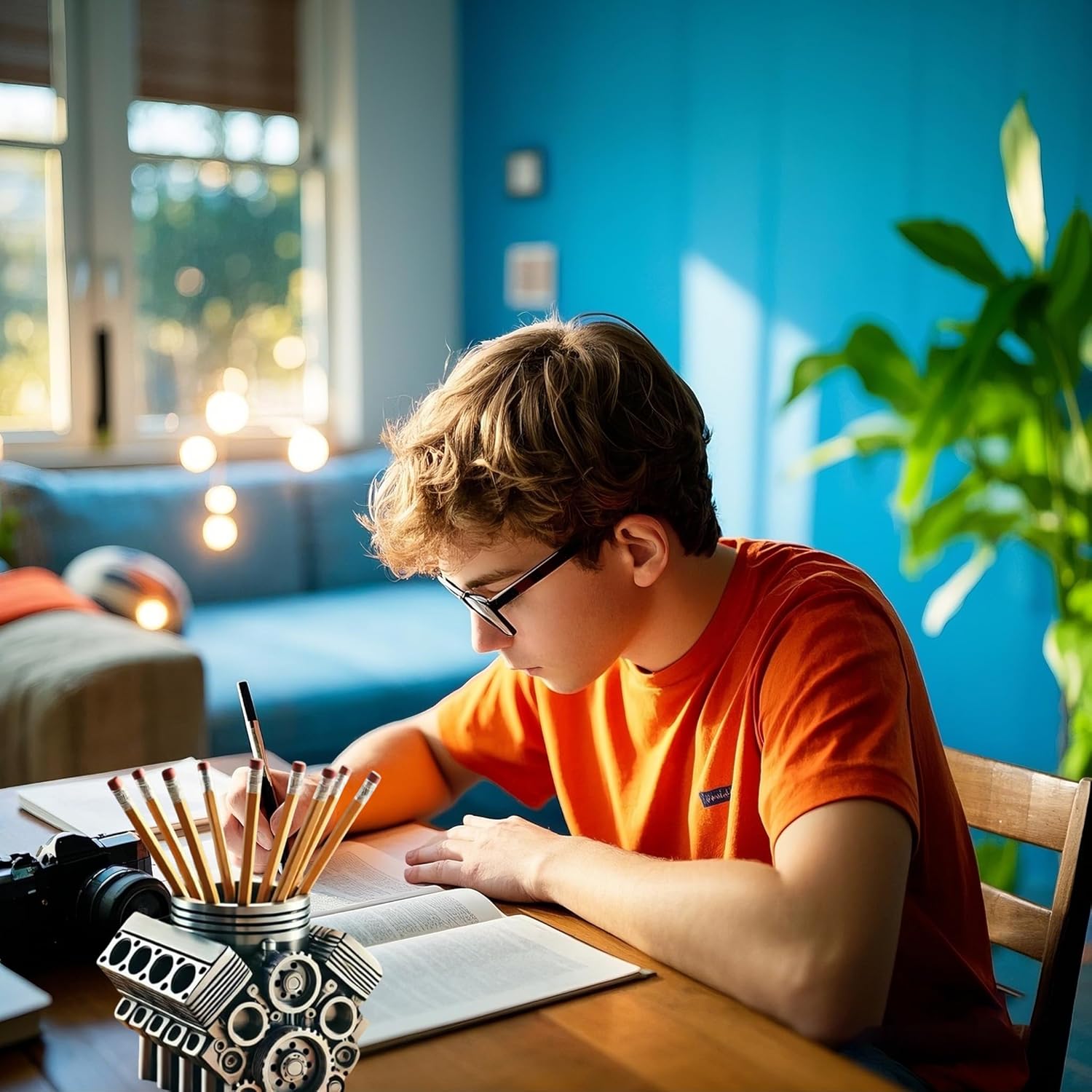 Pen Holder with V8 Engine,Engine Desk Organizer,Name Card and Pen Holder,Engine Block Desk Organizer, Car-Themed Office Accessory Gift for Enthusiasts, Desk Decor (A)