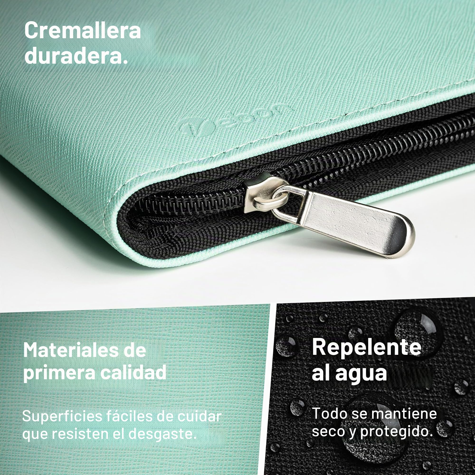 Vebon® Carpeta de anillas A4 "París", cremallera + portapapeles I Carpeta para documentos + bolsa para ordenador portátil I espacio extra I piel sintética, Azul caribe.