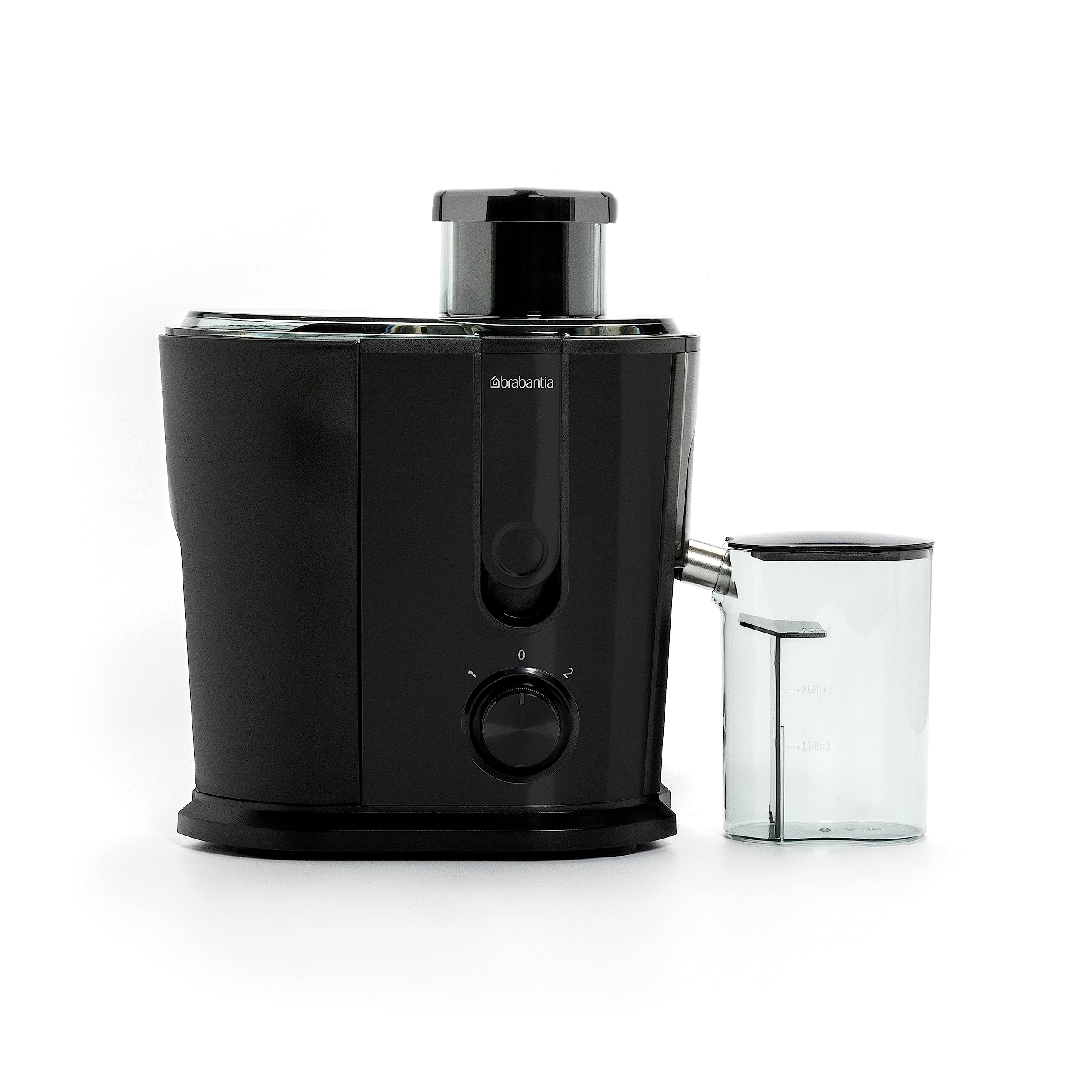 Extractora de Zumo Brabantia, 500 Vatios, Recipiente de Pulpa 1 L | Jarra de Zumo 0,35 L, 2 Velocidades, Licuadora Potente, Eléctrica, Verduras y Frutas, Acero Inox, Negro, BBEK1123BK