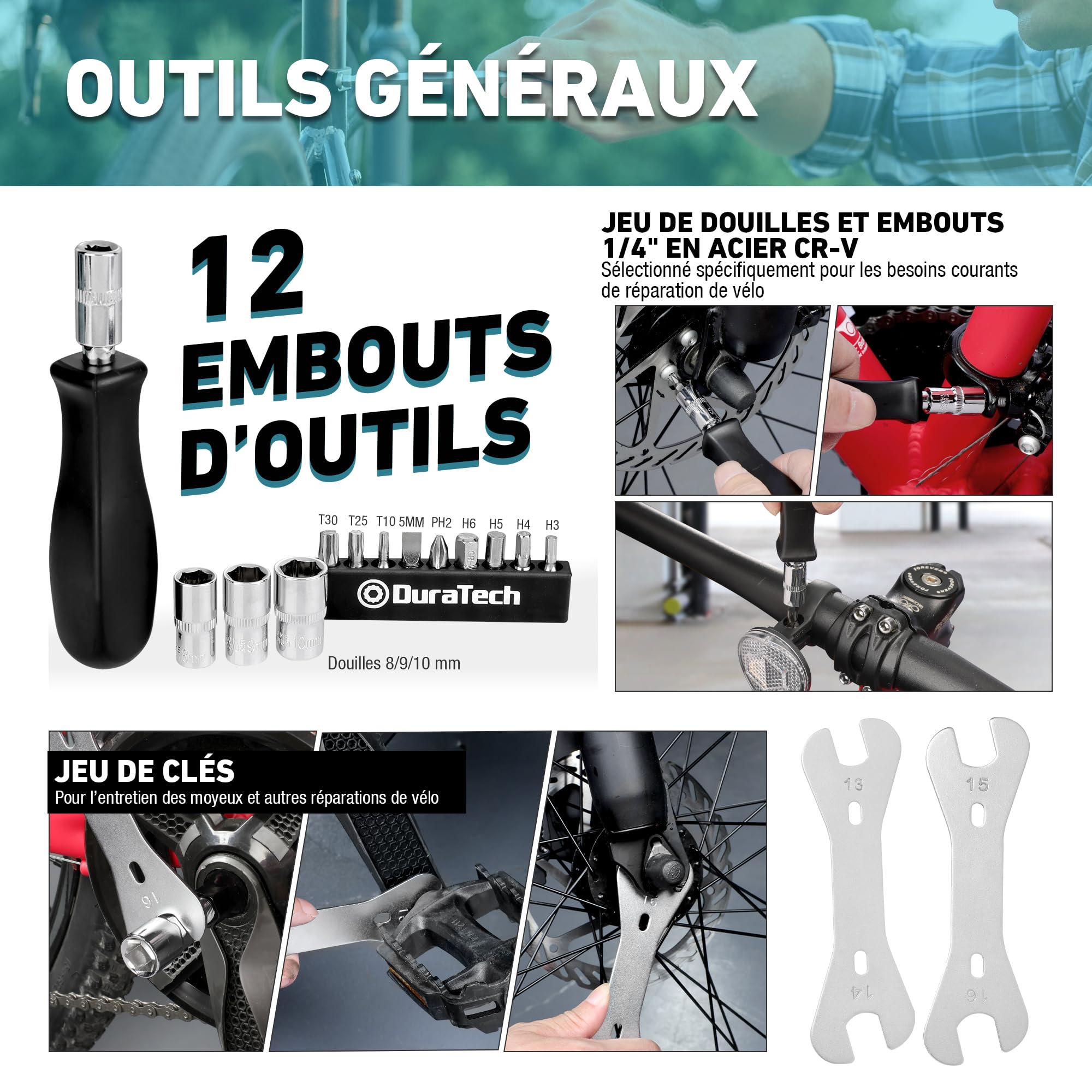DURATECH Kit d'Outils de Réparation pour Vélo 31 pièces avec Mallette