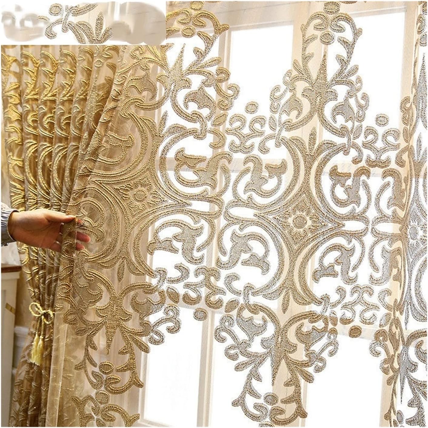 ORBHES Lace Curtains Europe Gold Embroidery Tulle Curtains