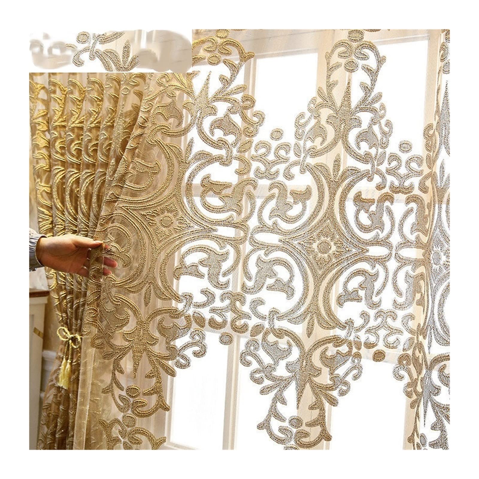 FnnEmg Lace Curtains for Living Room - Gold Embroidery Tulle Sheer Curtains (W100 x H240cm, Grommet Top)