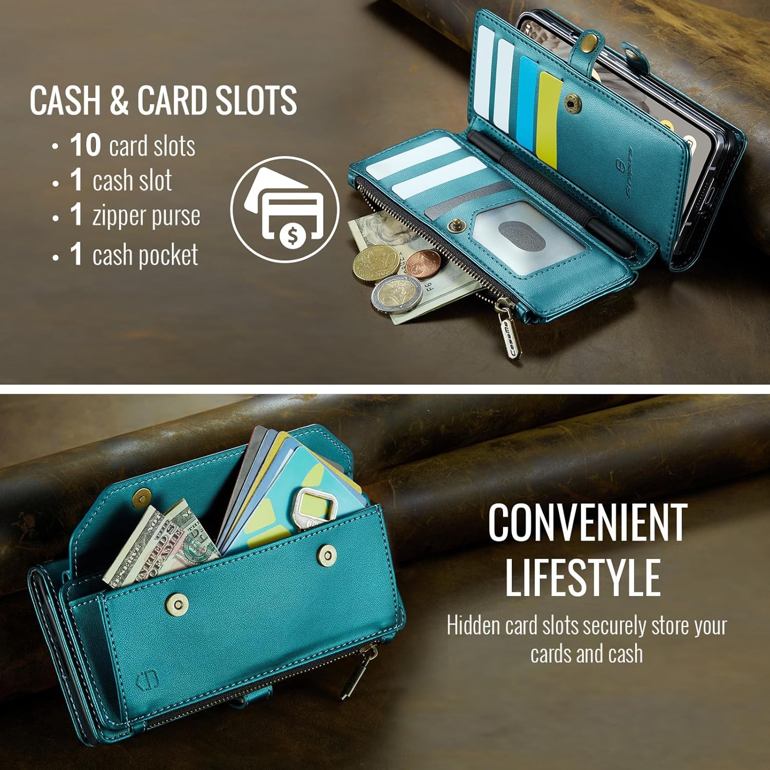 Strapurs Crossbody Wallet Case Compatible with Google Pixel 9 Pro Fold RFID Blocking 10-Card Holder Soft PU Leather Magnetic Snap Shoulder Strap Zipper Phone Case Fit for Pixel 9 Pro Fold - Blue Green