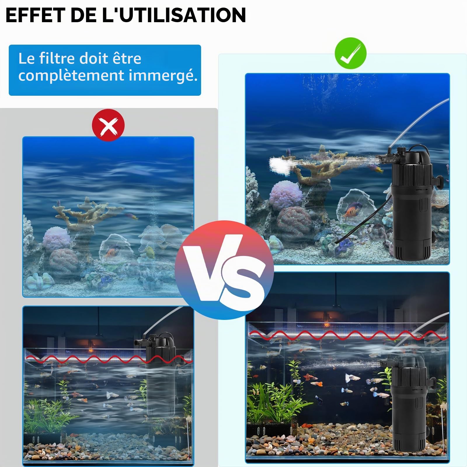 DBREAKS 5 en 1 Filtre Intérieur Aquarium 400 L/h avec 3W UVC Lampe & Minuterie, 4W Filtre Intérieur Réglable, Filtre UV Aquarium pour Réservoir Jusqu’à 40-120L, Pompe Aquariums avec Filtre