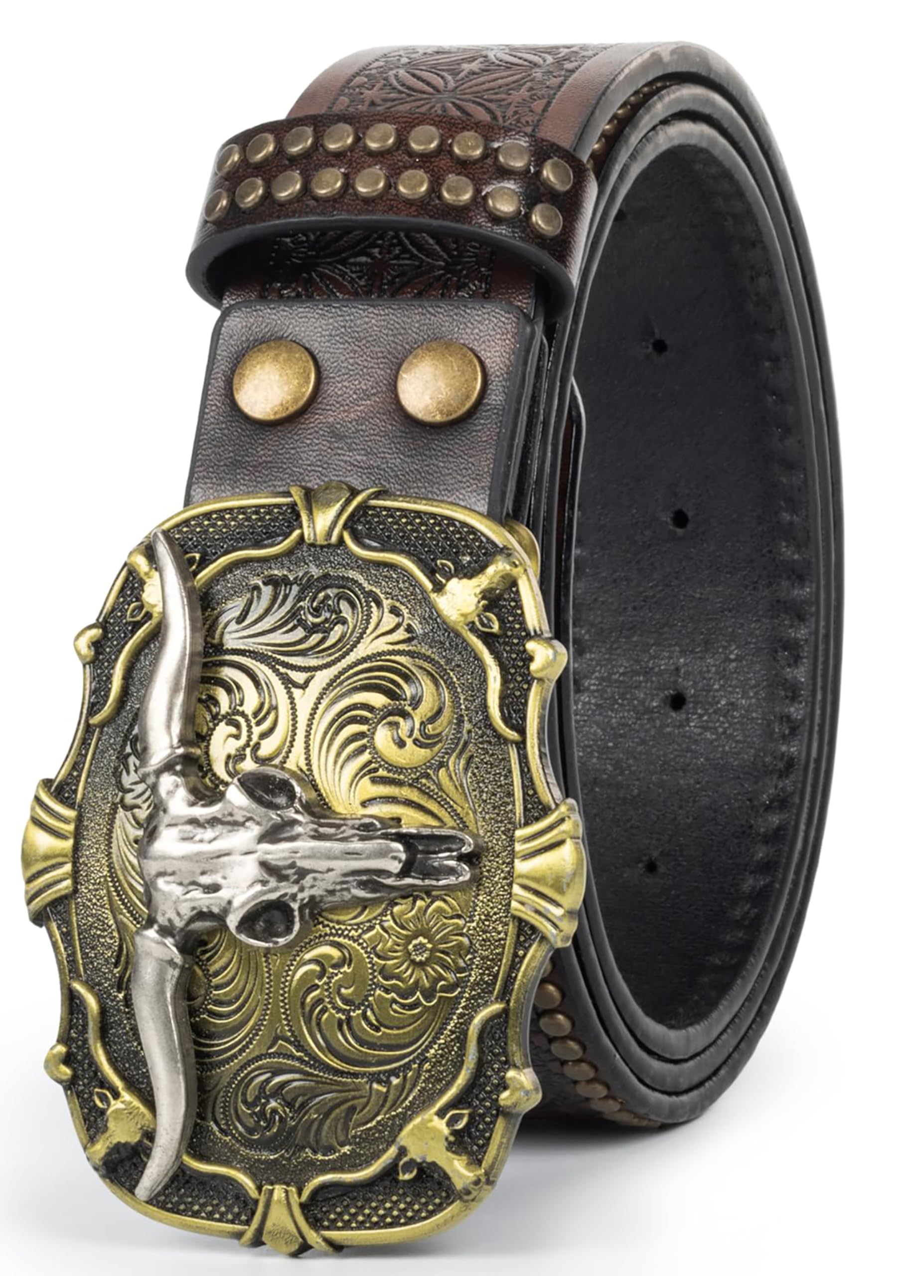 OVOY Men's-Western-Leather-Belts Embossed-Carved-Cowboy-Belt with Longhorn Bull Square-Buckle for Jeans Pants