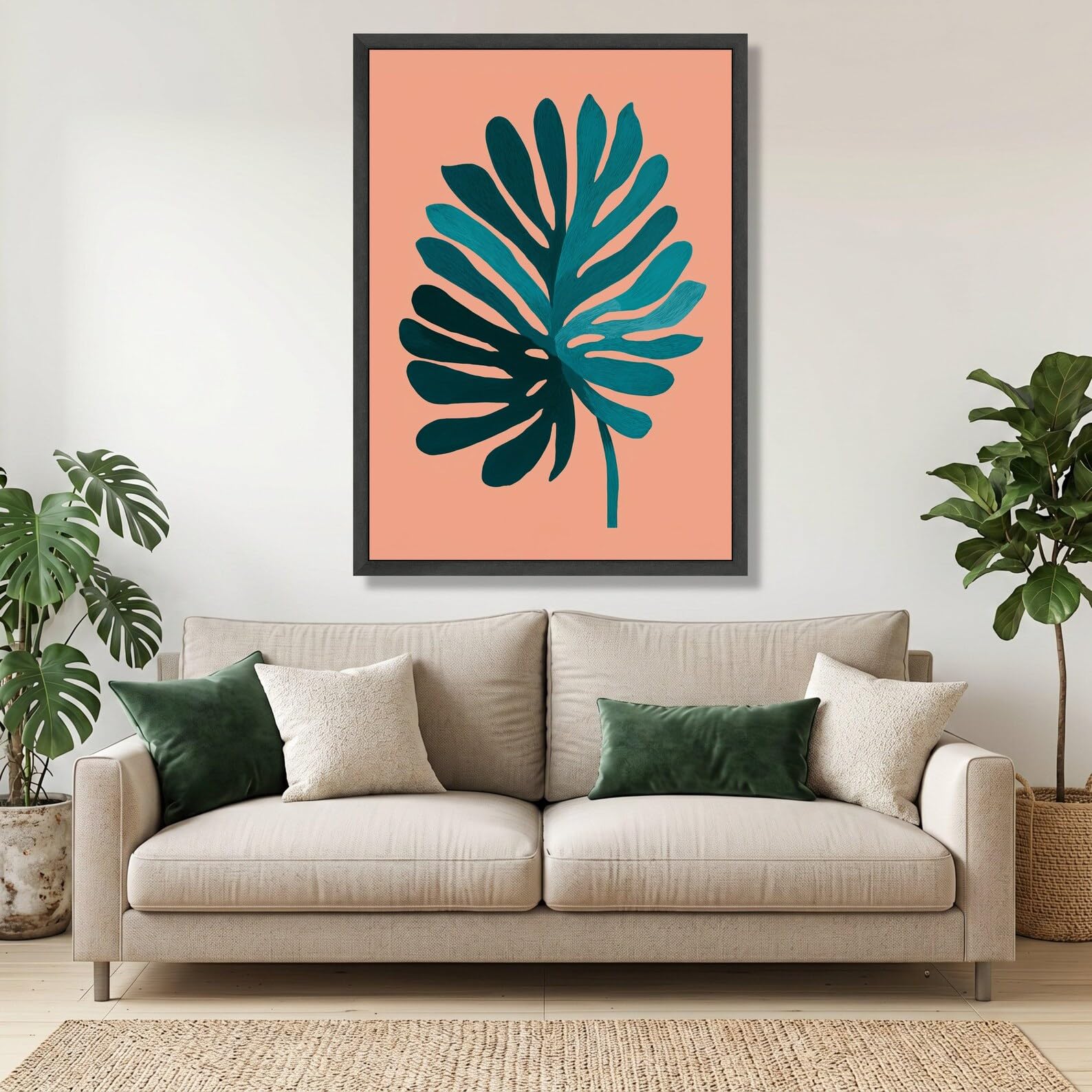 CAOXTART Obraz liści Monstera, naturalna botaniczna sztuka ścienna, niebieski i zielony obraz na płótnie roślin, minimalistyczny tropikalny liść ilustracja (20 x 30 cm/ramka wewnętrzna)