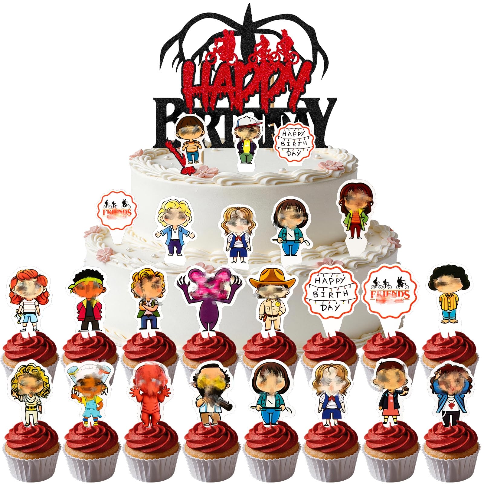 25Pcs Stranger Cake Topper, Happy Birthday Cake Toppers Decor, Stranger Inspired Party Cakes Decoration Supplies, Children's Birthday Cakes Decor for Boys and Girls Birthday Party
