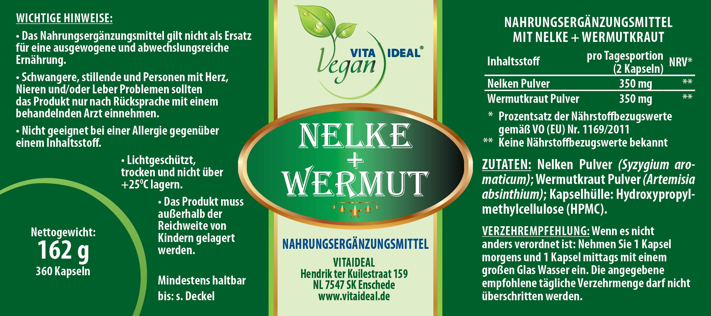VITA IDEAL Vegan® Gewürz NELKE + WERMUTKRAUT 360 KAPSELN - Artemisia absinthium - Tagesportion 700mg GEWÜRZNELKE + WERMUT - KRAUT reines Pulver. Natürlich, pflanzlich & ohne Zusatzstoffe.