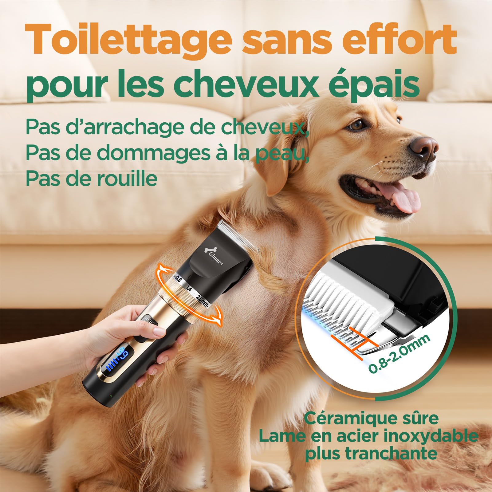 Gimars 3 en 1 Tondeuse Chien Professionnelle 4 Vitesses 7000 RPM, Tondeuse pour Chien Poil Long Epais Silencieuse, Animaux Rechargeable Sans Fil pour Chats et Chiens