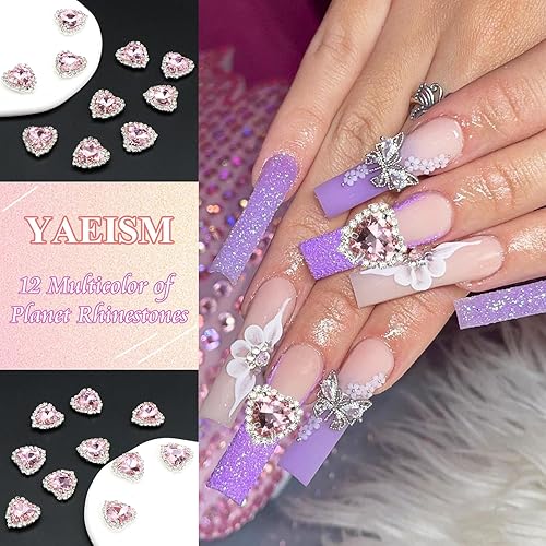 Miniatura 6 de YAEISM Dijes de arte de uñas de corazón de 0.472 pulgadas, 10 piezas de diamantes de imitación de cristal 3D, dijes de uñas de diamante rosa
