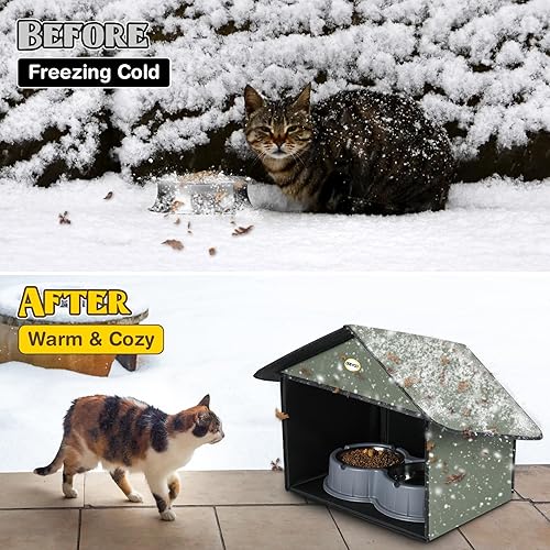 Dreyoo 1 Pack Outdoor Cat Feeding Station for Food & Water, Weatherproof Outdoor Kitty Dining Room Cat Shelter for Stray, Feral Cats and Community Cats, 13”d x 17”w x 15.5'h (Dark Green)(1,Dark Green)
