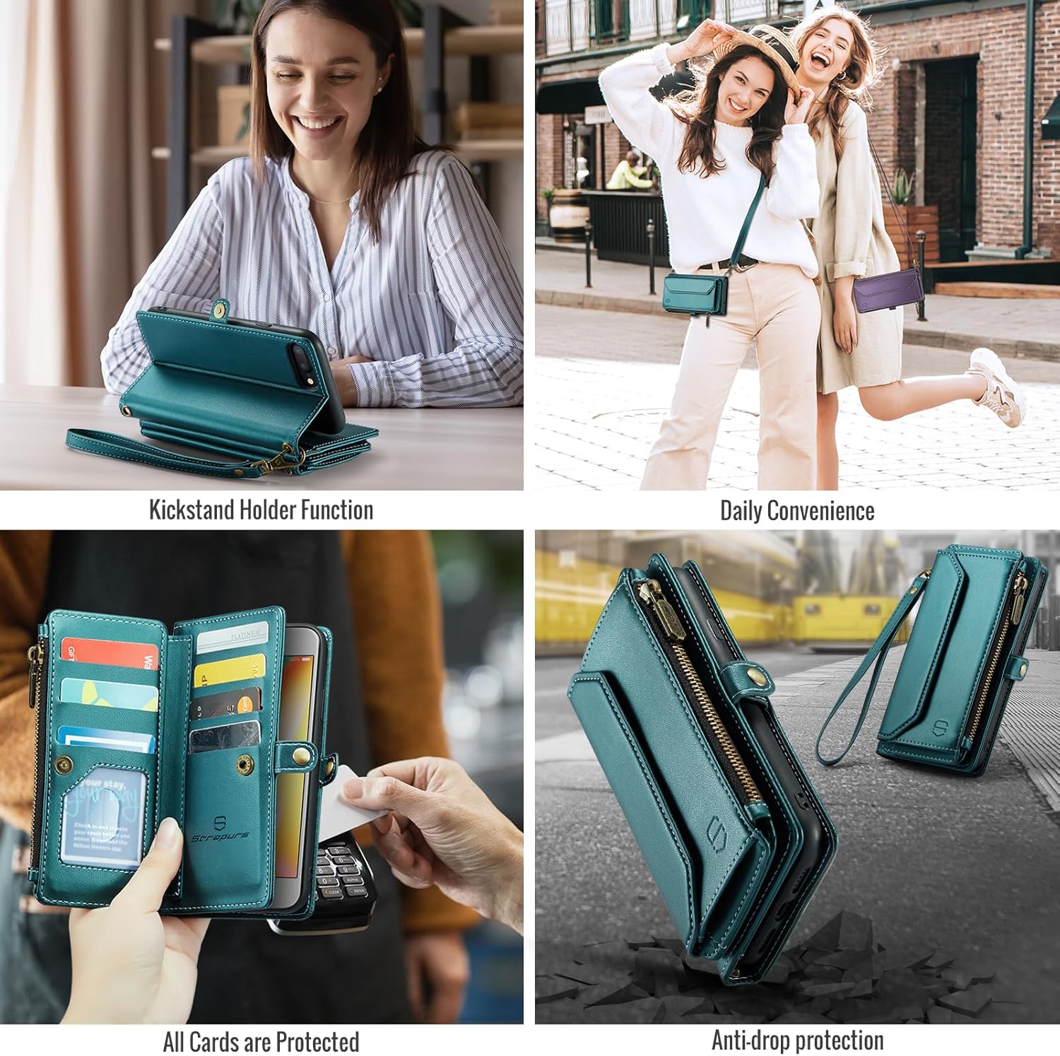 Crossbody Wallet Case Compatible with iPhone 8 Plus / 7 Plus RFID Blocking 10-Card Holder Soft PU Leather Magnetic Closure Shoulder Strap Zipper Pocket Phone Case for Women 5.5" - Blue Green - Image 5