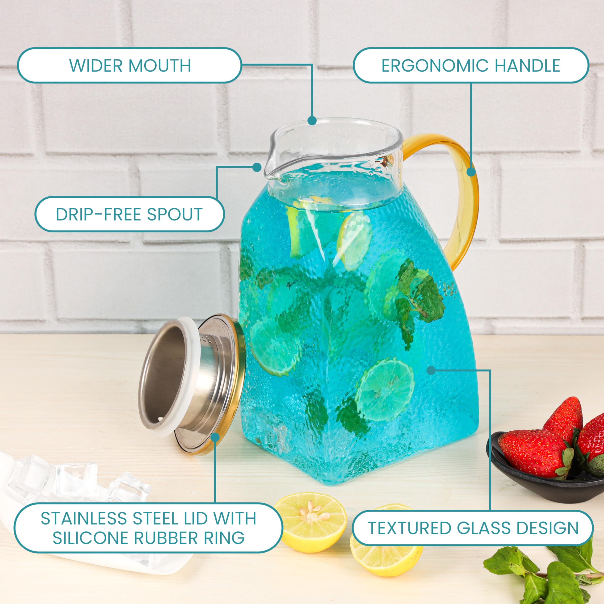 Belle Vous Waterkaraf van transparant glas, waterkan met deksel voor koelkastdeur, 1,8 l, glazen kan voor sap, melk en andere warme en koude dranken