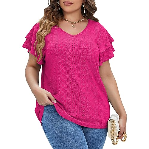 IN'VOLAND Womens Plus Size T Shirt V Neck Loose Fit Ruffle Sleeve Summer Hollow Casual Tops Blouse