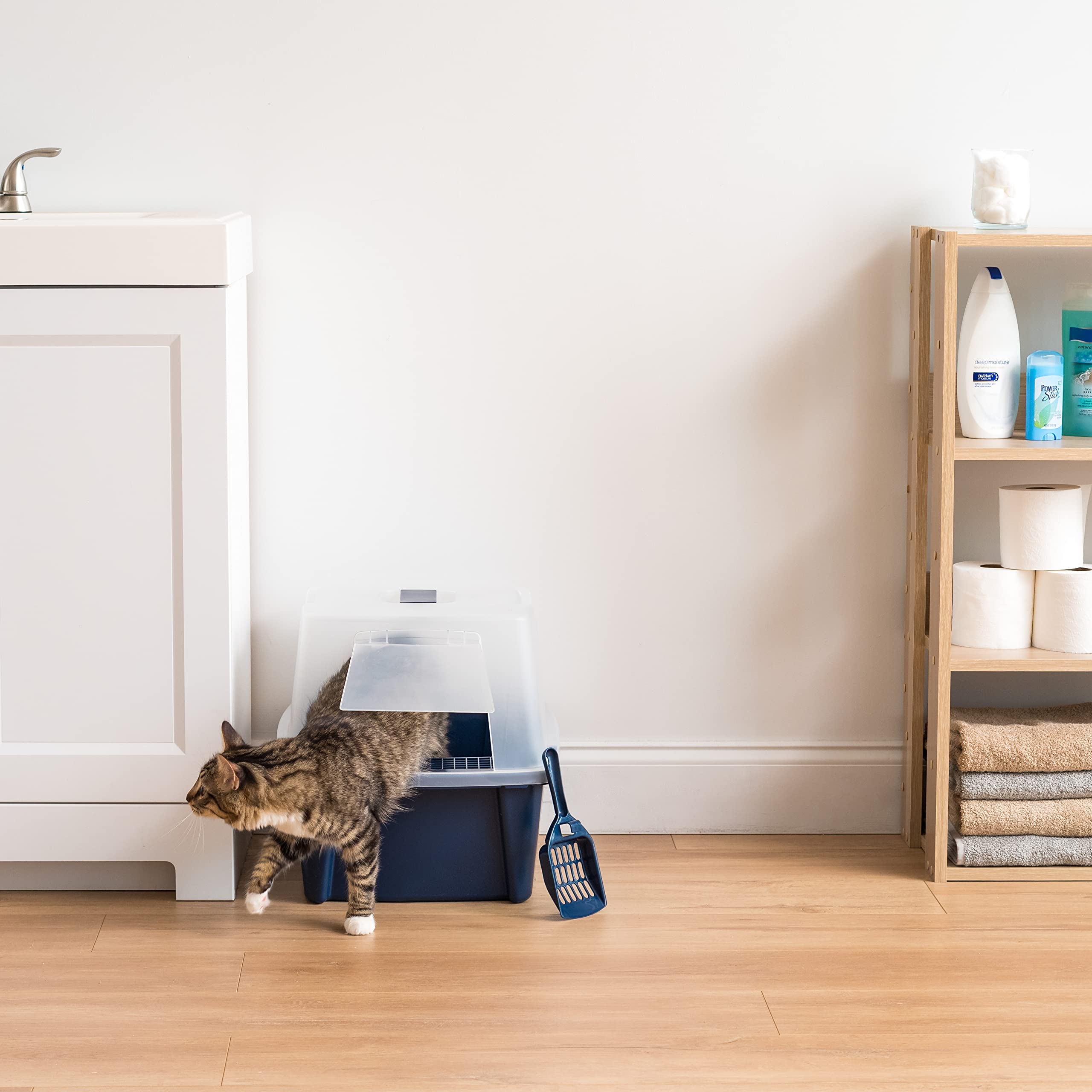 IRIS USA Cat Litter Box, Litter Box Enclosure with Scoop and Front Door Flap, Covered Kitty Litter Box for Privacy, Portable, Easy to Clean, Navy - image 3
