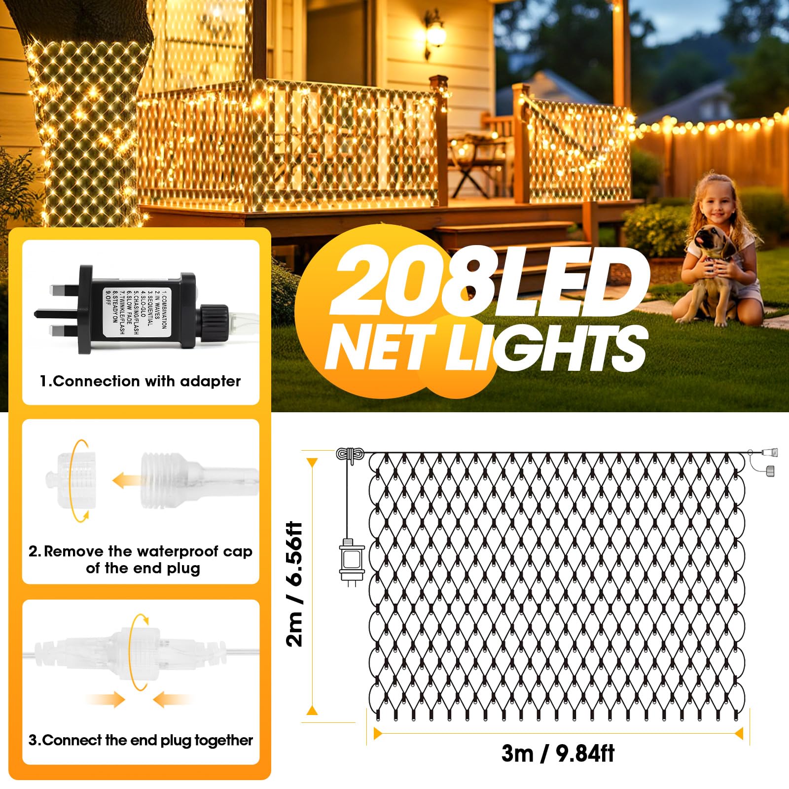 Focxoio Net Lights Outdoor Indoor, 208 LED 3m x 2m Mesh Fairy Lights Plug in - Image 4