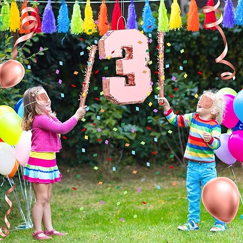 Miniatura 4 de Piñata con número de piñata de oro rosa con palo, confeti de princesa para niñas, fiesta de cumpleaños, aniversario, celebración, suministros de