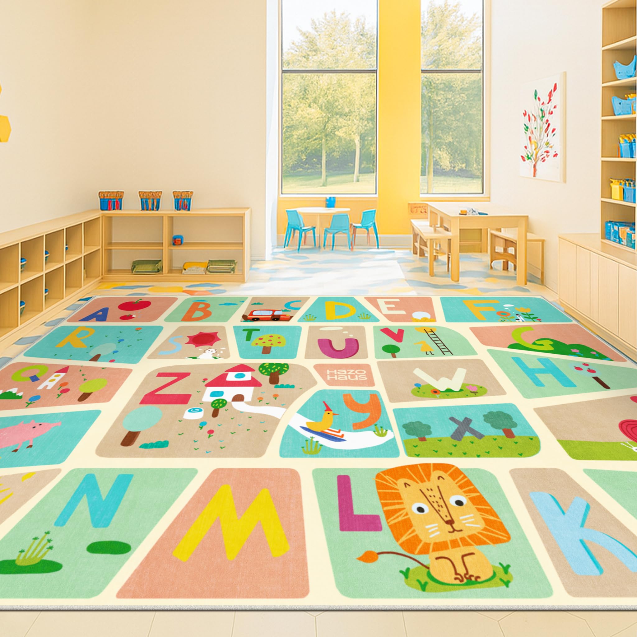 ABC Alphabet Rug for Preschool Kids Learning – 6x9 Kids Crawling Area Rug, Washable &amp; Wipeable Floor Carpet, Soft &amp; Non Skid Toddler Rug with Educational Letters and Whimsical Cartoon Art Decor