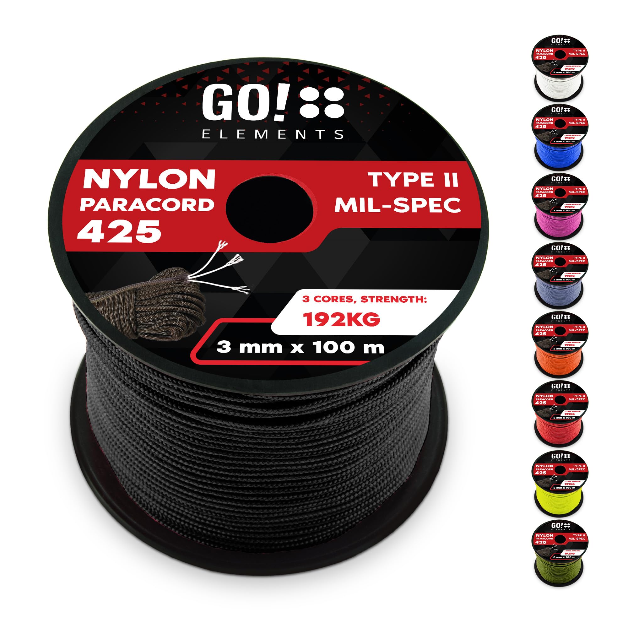 GO!elements Cuerda Paracord de Nylon Resistente al desgarro - 3mm Paracord 425 Tipo II líneas como Cuerda para Exteriores, Cuerda para Todo Uso - línea de Nylon MAX. 192kg