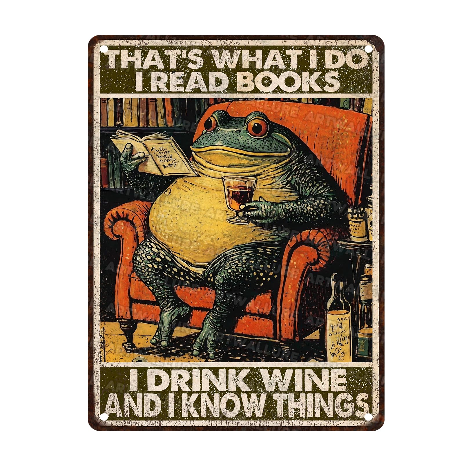 Frog Vintage Sign Funny Frog Reading Book Sign Frog Drinking Wine Sign Wall Decor for Home Retro Metal Tin Sign Metal Frog Sign Home Decor For Frog Lovers 12x16Inch
