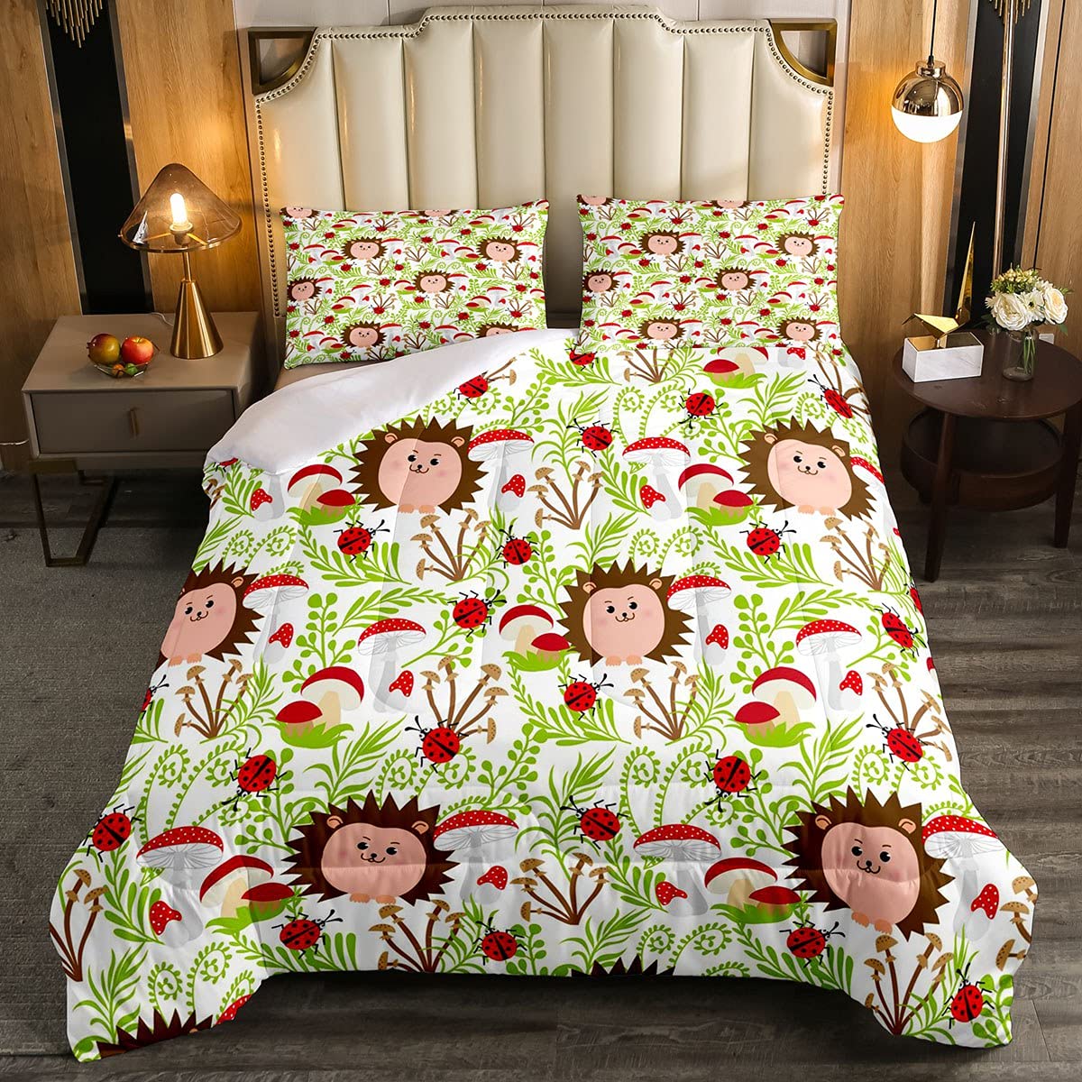 Kids Hedgehog Duvet Insert Boys Girls Kawaii Hedgehogs Mushroom Duvet Insert for Children Cute Cartoon Ladybug Wild Animal Bedding Set Breathable Nature King Size