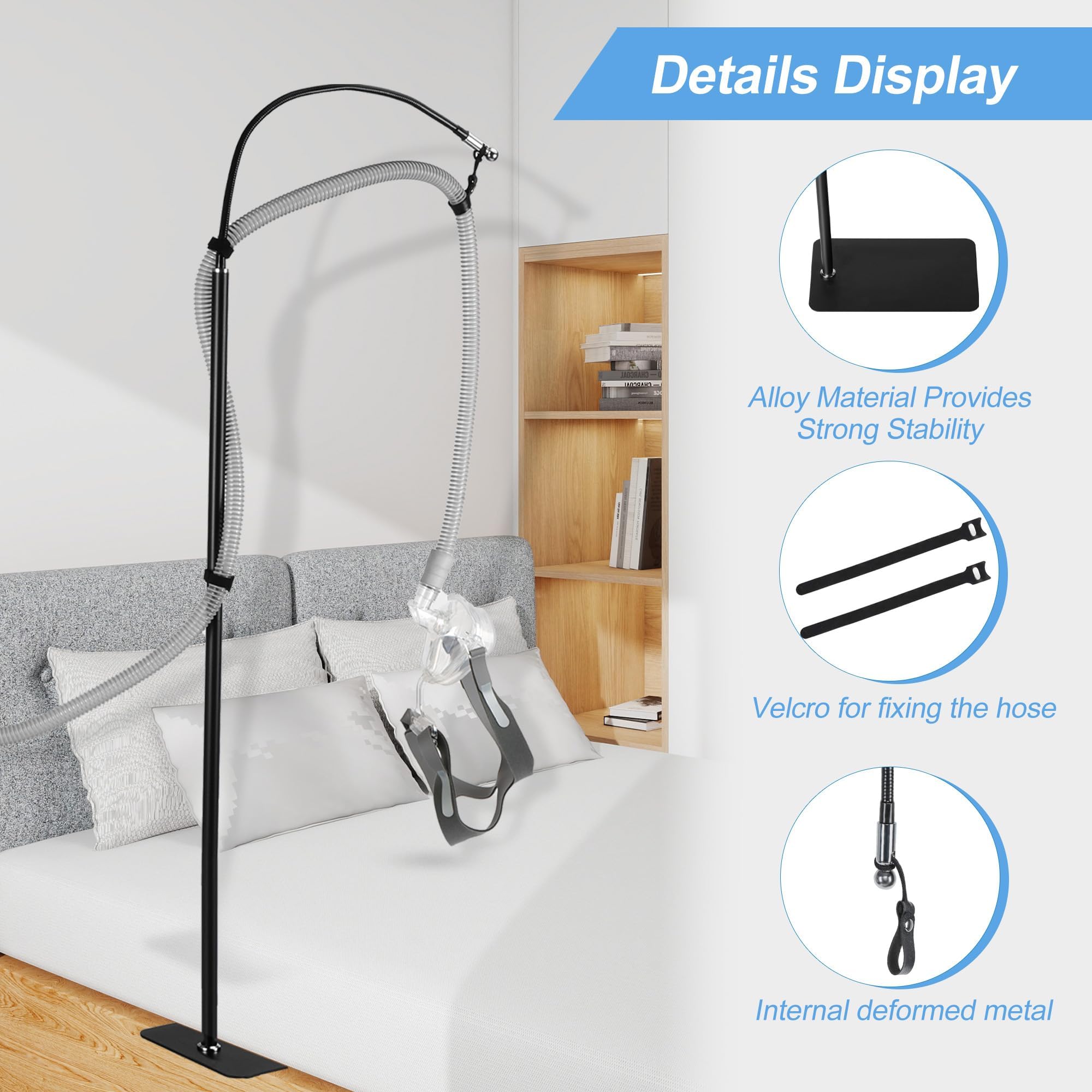 CPAP Support-Tuyau Suspendu pour lit avec Hauteur et Angle Réglables, Peut Empêcher Les Fuites/Enchevêtrements de Tuyaux，360 ° Bras Pivotant，Matériau Métallique Plus Solide et Stable