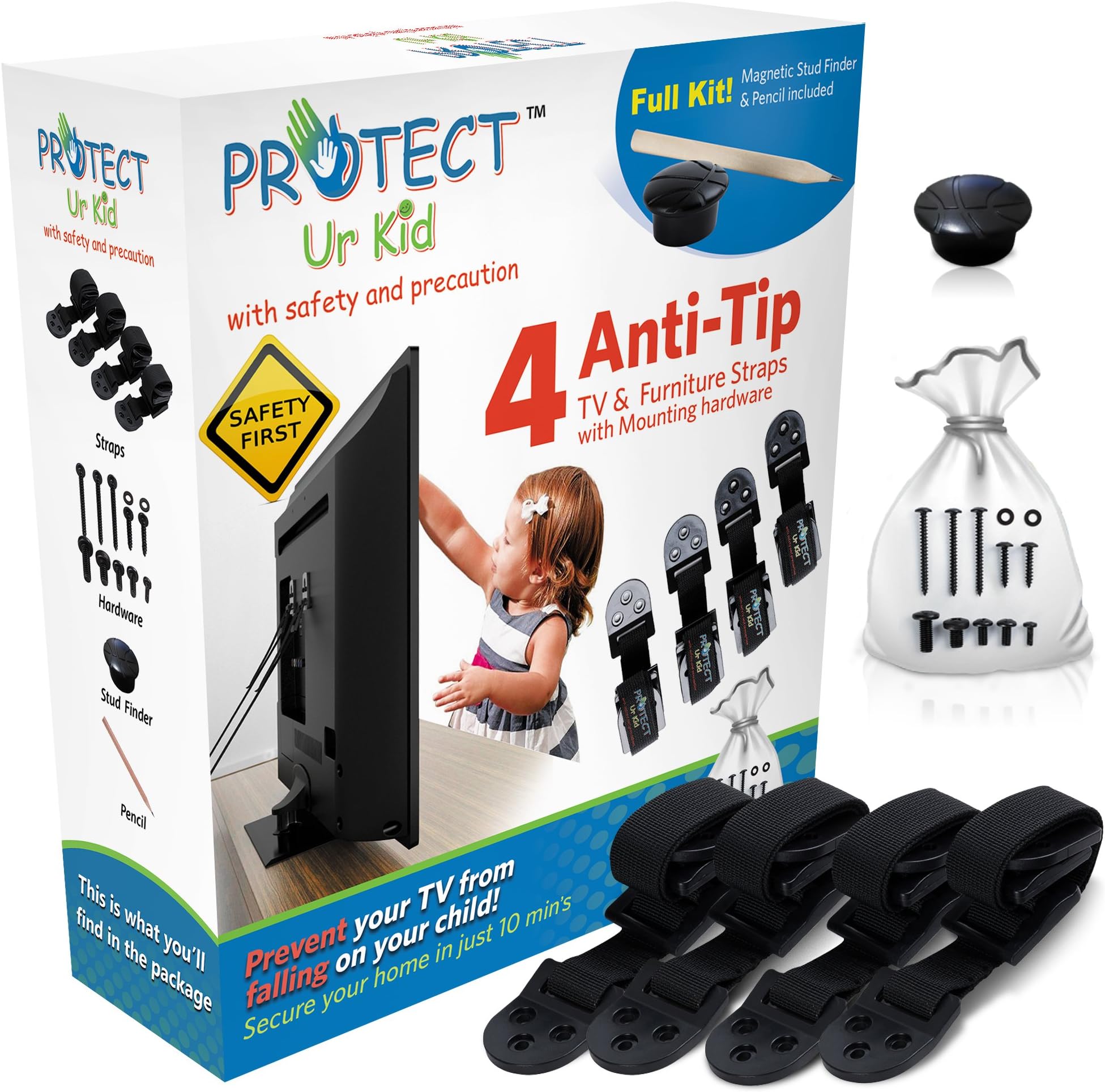 Anti Tip Furniture Anchor & TV Straps w/Ultra-Strong Mounting Hardware & Safety Stud Finder Locks-in Heavy Objects for Instant Earthquake, Child & Baby Proofing (Black, 4 Straps + Stud Finder)