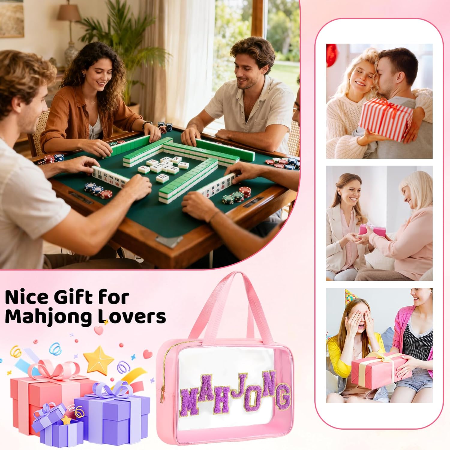 URSKYTOUS Empty Mahjong Tile Bag with Zipper American Mahjong Bag Letter Embroidery Thickened PVC Waterproof Storage Clear Case Only for Tiles Lovers Travel Game Party Accessories Gifts Pink