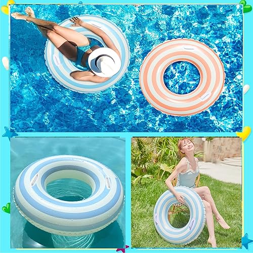 Miniatura 8 de Flotador de piscina grande a rayas, flotadores inflables de piscina para adultos, paquete de 2 flotadores de piscina, tubos de piscina, anillos de