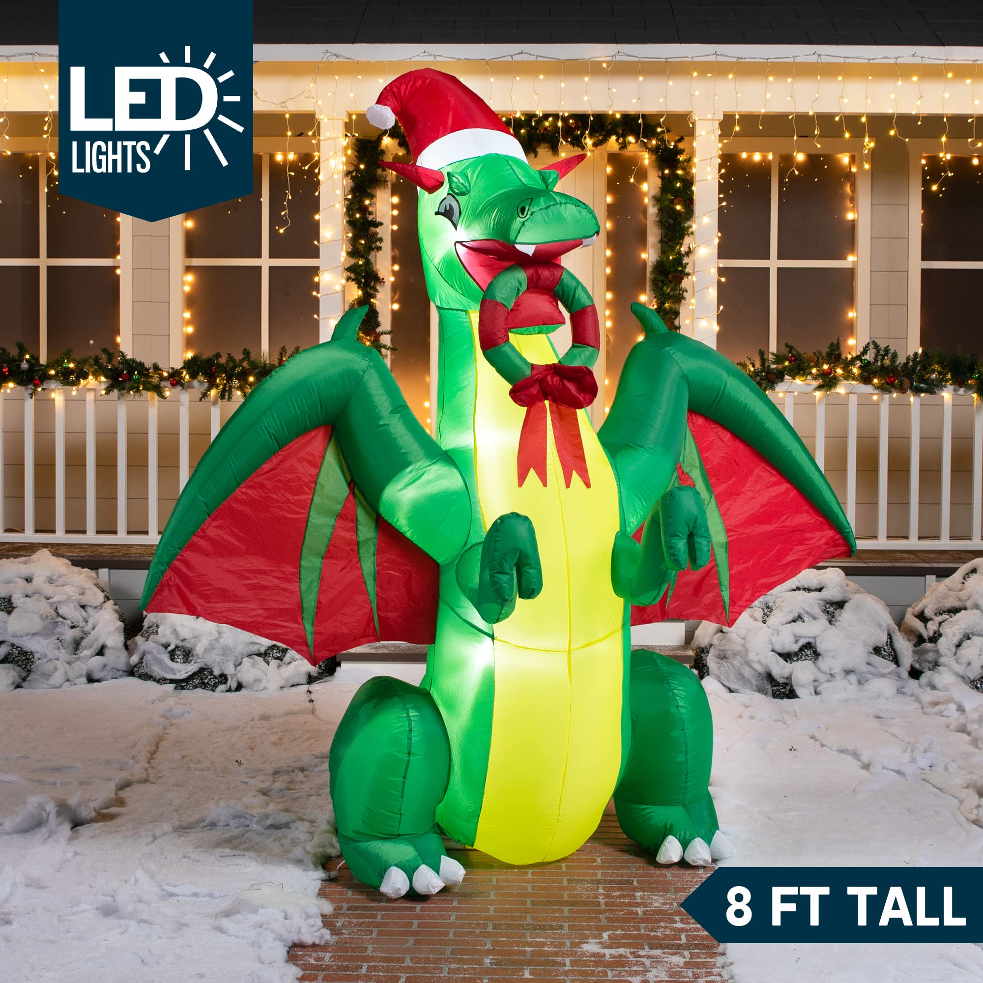 Joiedomi Drago natalizio gonfiabile da 2,4 m, realistico drago verde natalizio con LED integrati, gonfiabili per feste in interni, esterni, cortile, giardino, prato