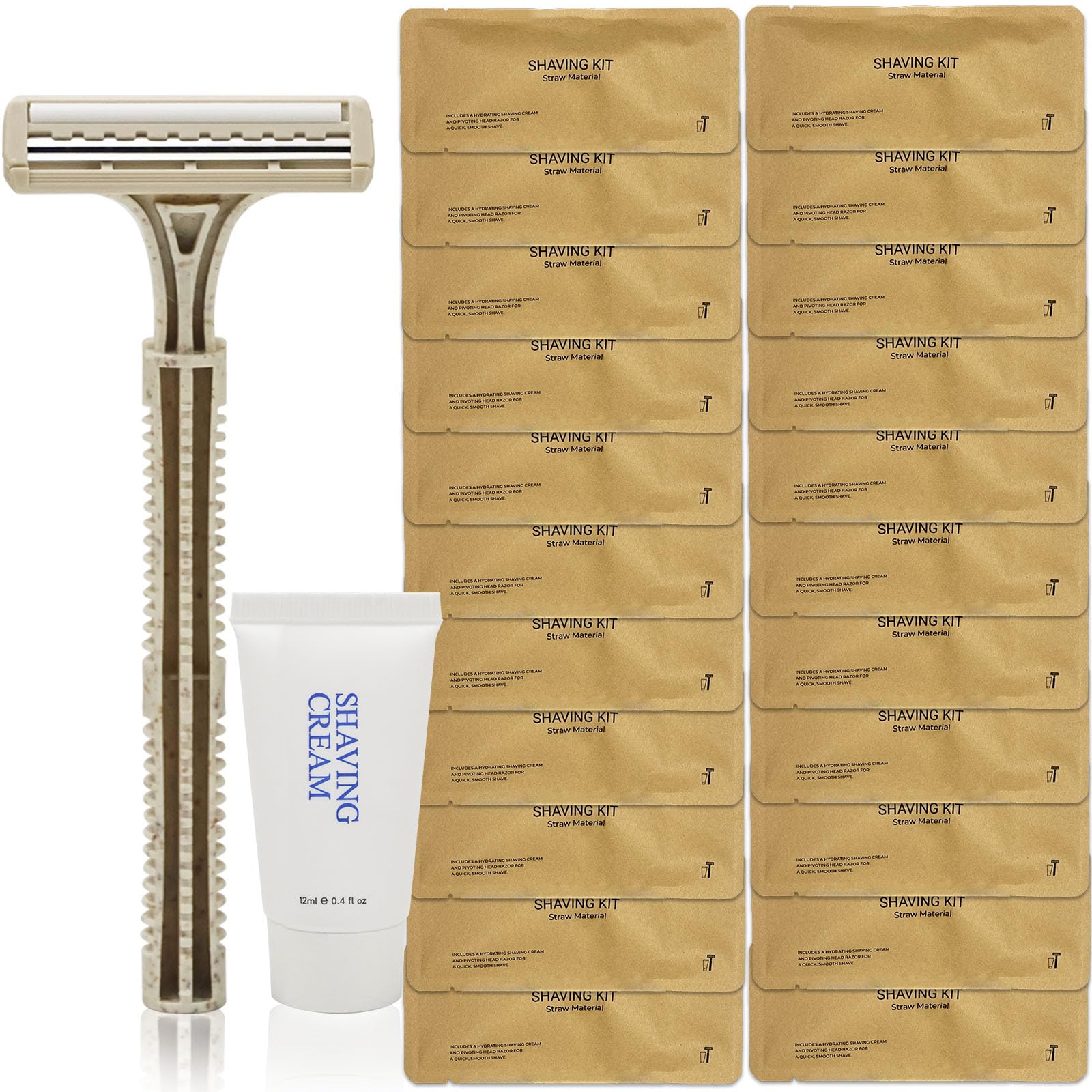 Kit de rasage jetable pour homme et femme – 100 rasoirs en paille de blé et crème en vrac, articles de toilette portables emballés individuellement pour hôtel, Airbnb, sans abri, abri, charité,