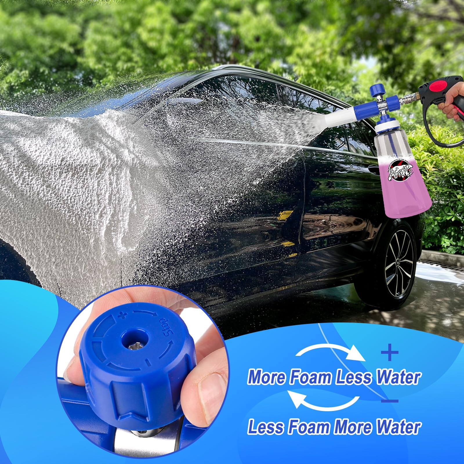 BEAR FORCE Cannone in schiuma aggiornato per idropulitrice da 1/4", connettore rapido con ugello spray regolabile a 360°, dispenser di sapone in schiuma da 1 l, con ugello spray regolabile di nuova