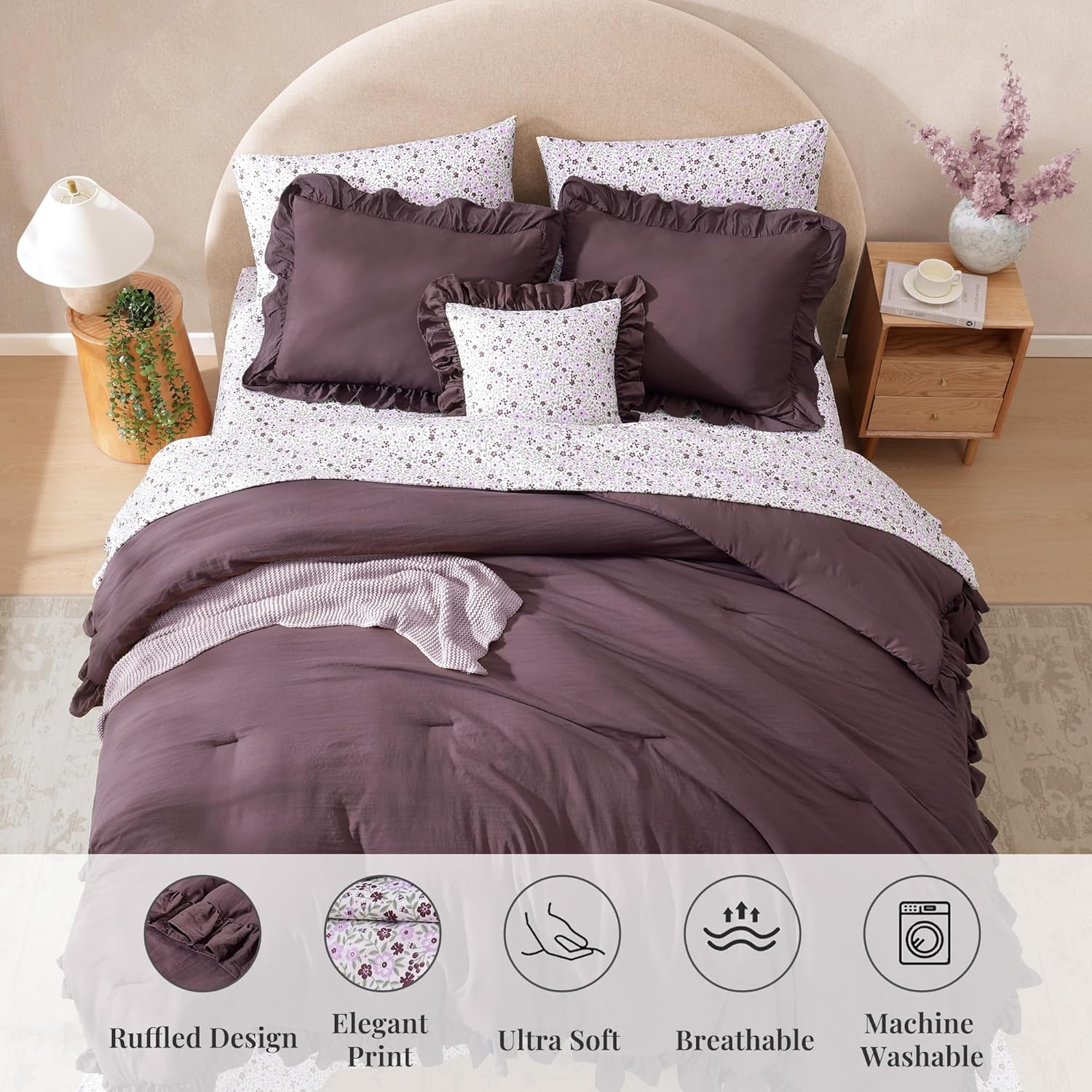 BLOOMHAVEN Full Comforter Set - 7 Pieces Ruffle Purple Bedding Sets, Shabby Chic Farmhouse Bed in a Bag Full with Ruffle Comforter, Floral Sheets, Pillowcases & Shams