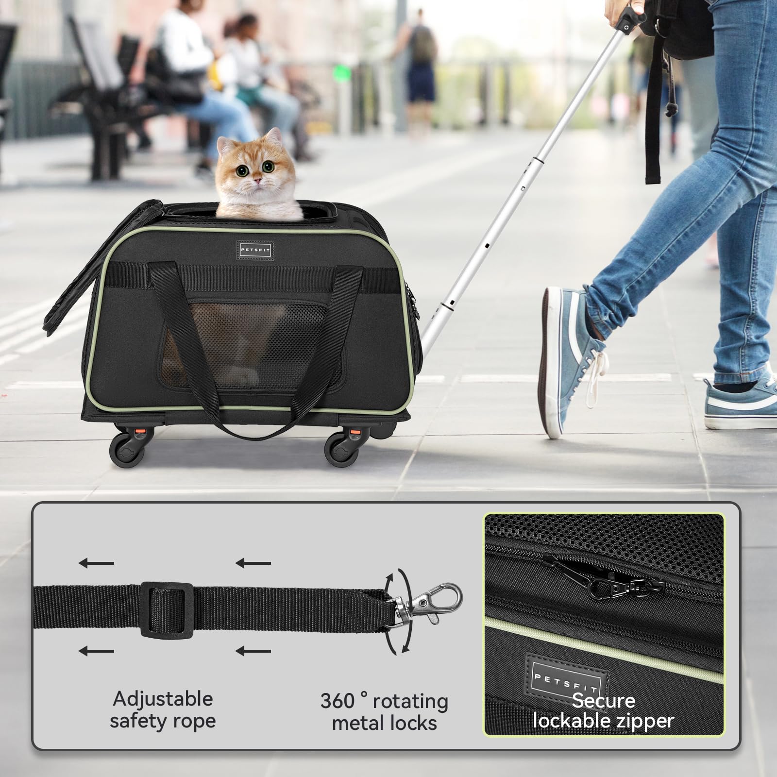 Petsfit Cat Carrier with Wheels Airline Approved, Pet Dog Carrier with Wheels for Small Dogs, Rolling Cat Carrier for Cats Puppy Stroller Detachable and Foldable Pet Travel Bag, Black&Green - image 4