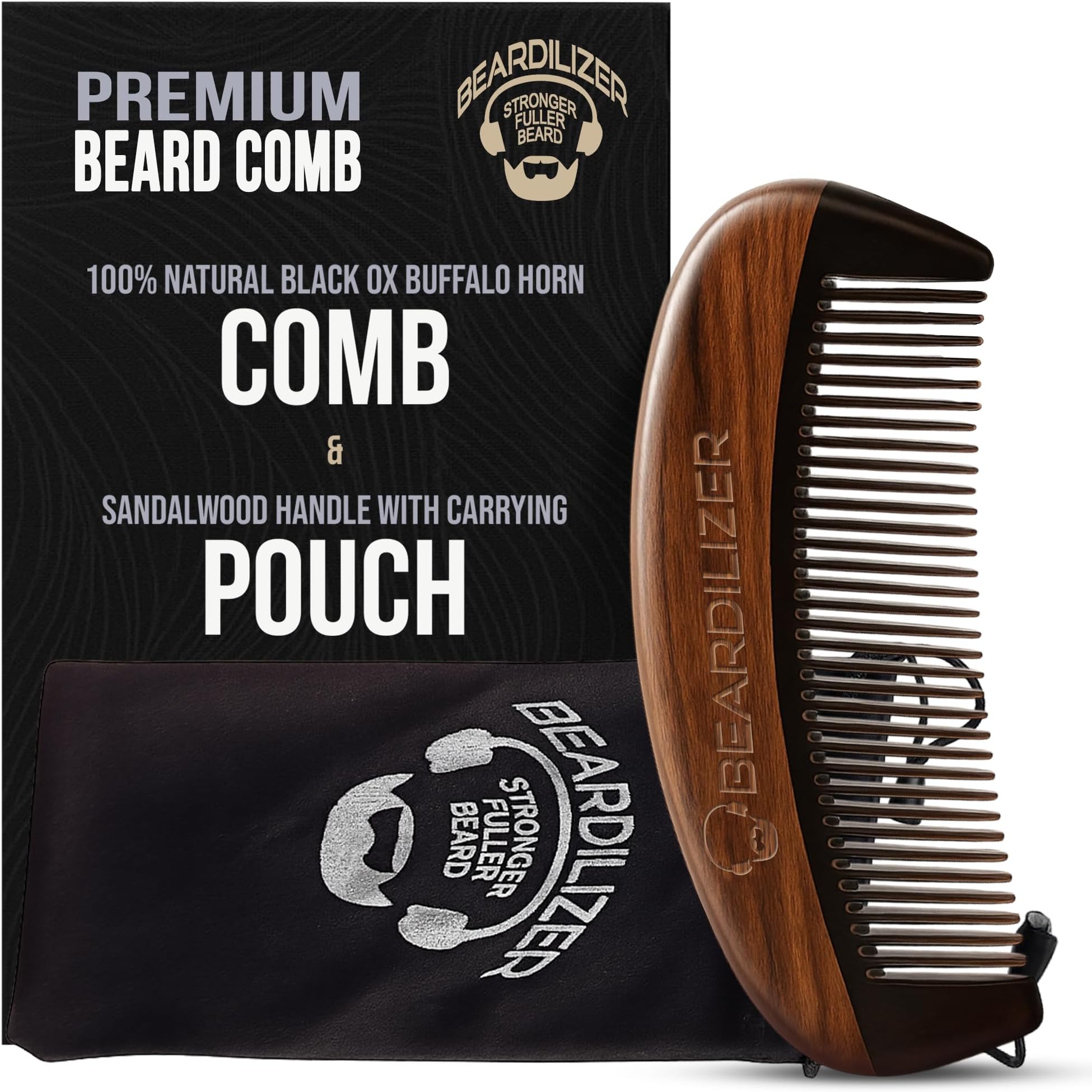 Beardilizer Premium Beard Comb for Men - 100% Natural Black Ox Buffalo Horn & Sandalwood Handle with Carrying Pouch, Professional Anti-Static Fine and Coarse Teeth