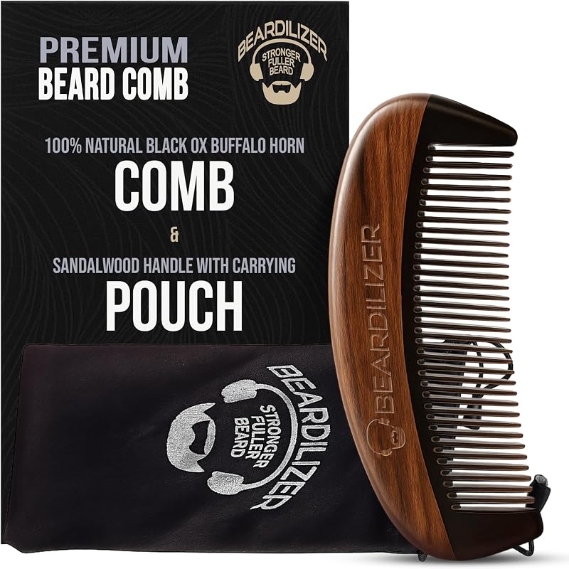 Premium Beard Comb for Men - 100% Natural Black Ox Buffalo Horn & Sandalwood Handle with Carrying Pouch, Professional Anti-Static Fine and Coarse Teeth