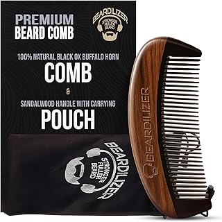 Beardilizer Premium Beard Comb for Men - 100% Natural Black Ox Buffalo Horn & Sandalwood Handle with Carrying Pouch, Professional Anti-Static Fine and Coarse Teeth
