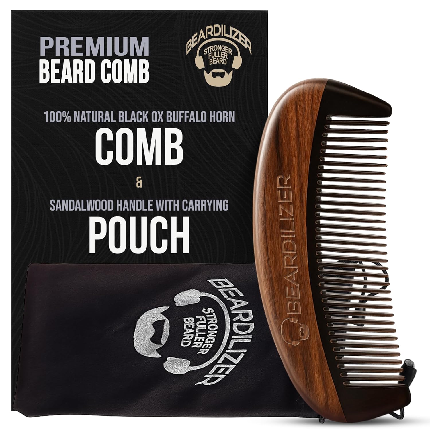 Beardilizer Premium Beard Comb for Men – 100% Natural Black Ox Buffalo Horn & Sandalwood Handle with Carrying Pouch, Professional Anti-Static Fine and Coarse Teeth