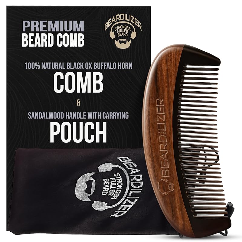Pente para barba Beardilizer em chifre de búfalo preto e cabo de sândalo com estojo
