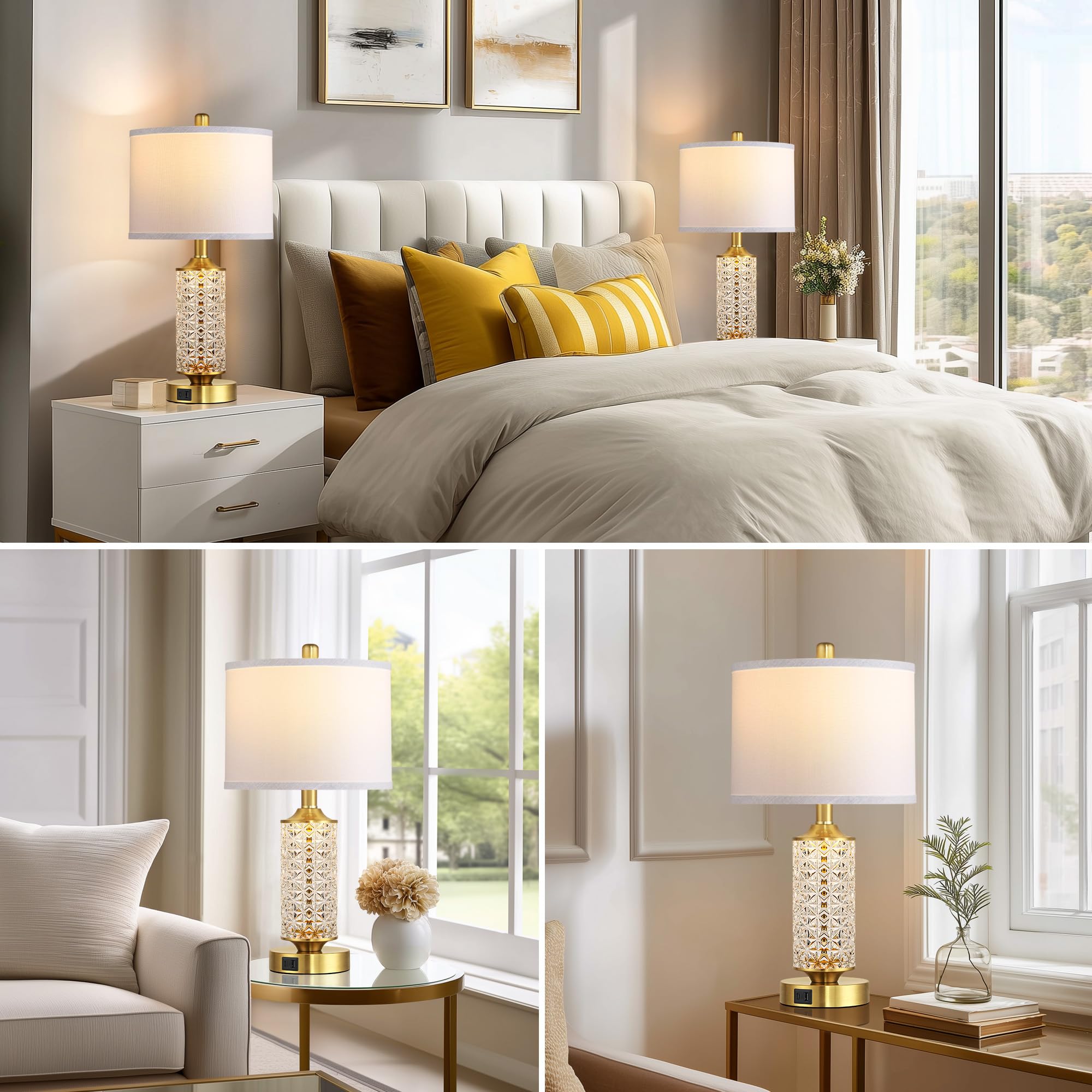 2er Set Tischlampen mit USB-Anschlüssen, Moderne Nachttischlampe mit LED-Nachtlicht, Nachttischlampe für Schlafzimmer, Nachttischlampen für Wohnzimmer Büro (Gold)(2 Leuchtmittel enthalten)