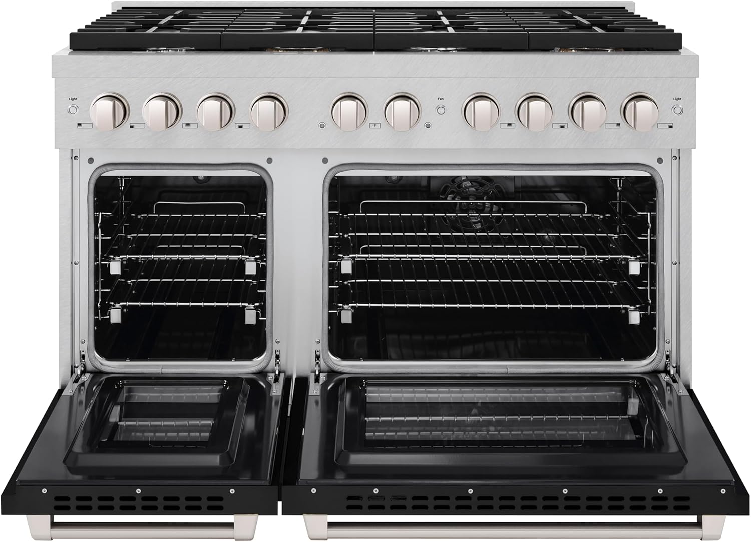 ZLINE 48 in. 6.7 cu. ft. Paramount Double Oven Dual Fuel Range with 8 Burner Gas Cooktop in Satin Stainless Steel with Black Matte Doors (SDRS-BLM-48)