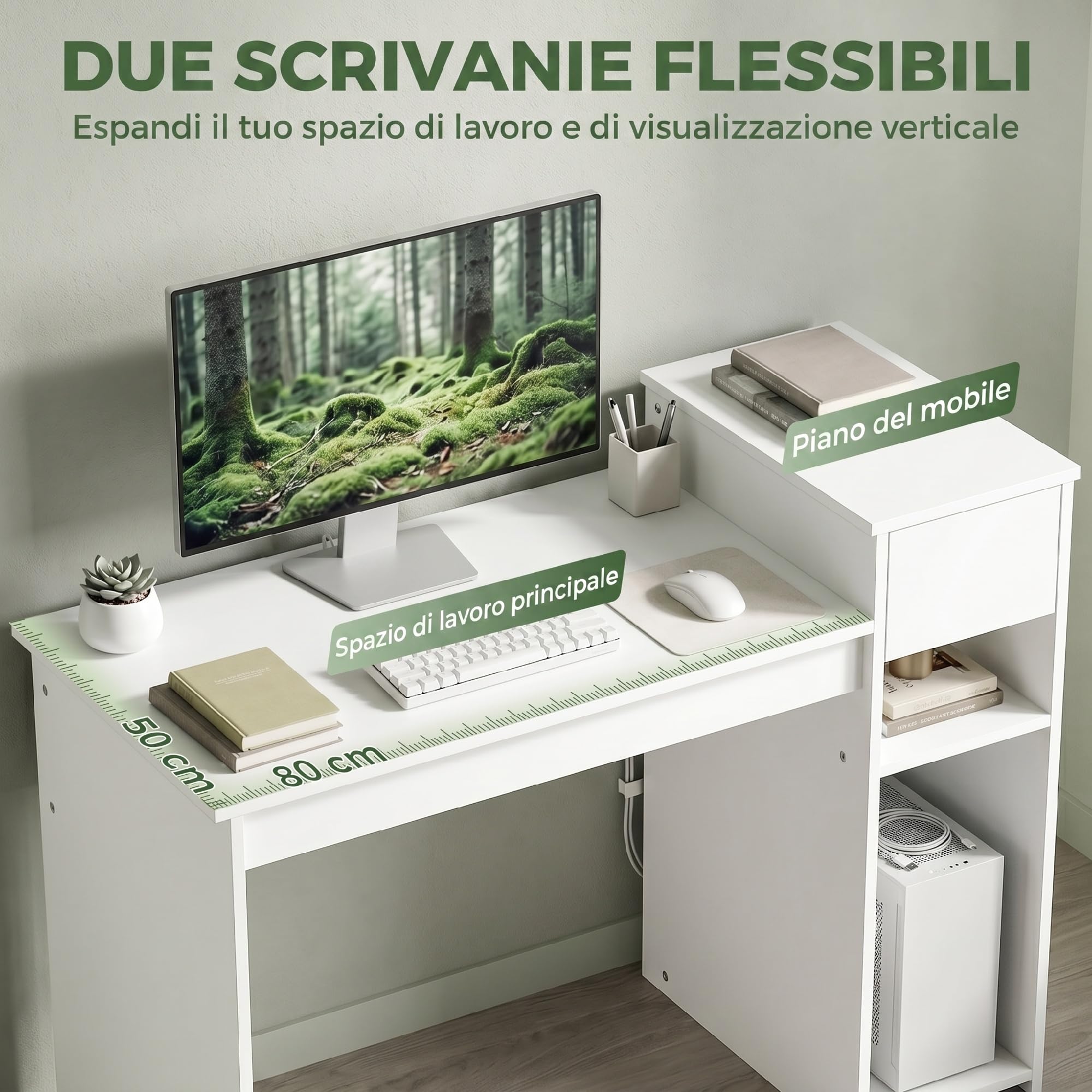 HOMCOM Scrivania Salvaspazio Moderna con Cassetto e Spazio per PC Tower, Scrivania con Scaffale in Legno, Tavolo Porta PC per Computer, per Ufficio, Studio e Camera da Letto, 108x50x82cm, Bianco