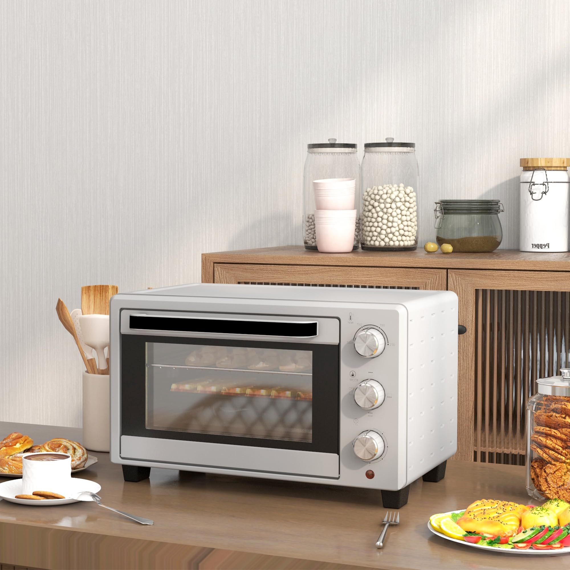 HOMCOM Mini four à pizza de 21 l, miniofen inkl. Backblech, Grillrost und Krümmelblech, 1400W Tischbackofen mit 1h Timer, Ofenrost, 100-230℃, Metall, Silber