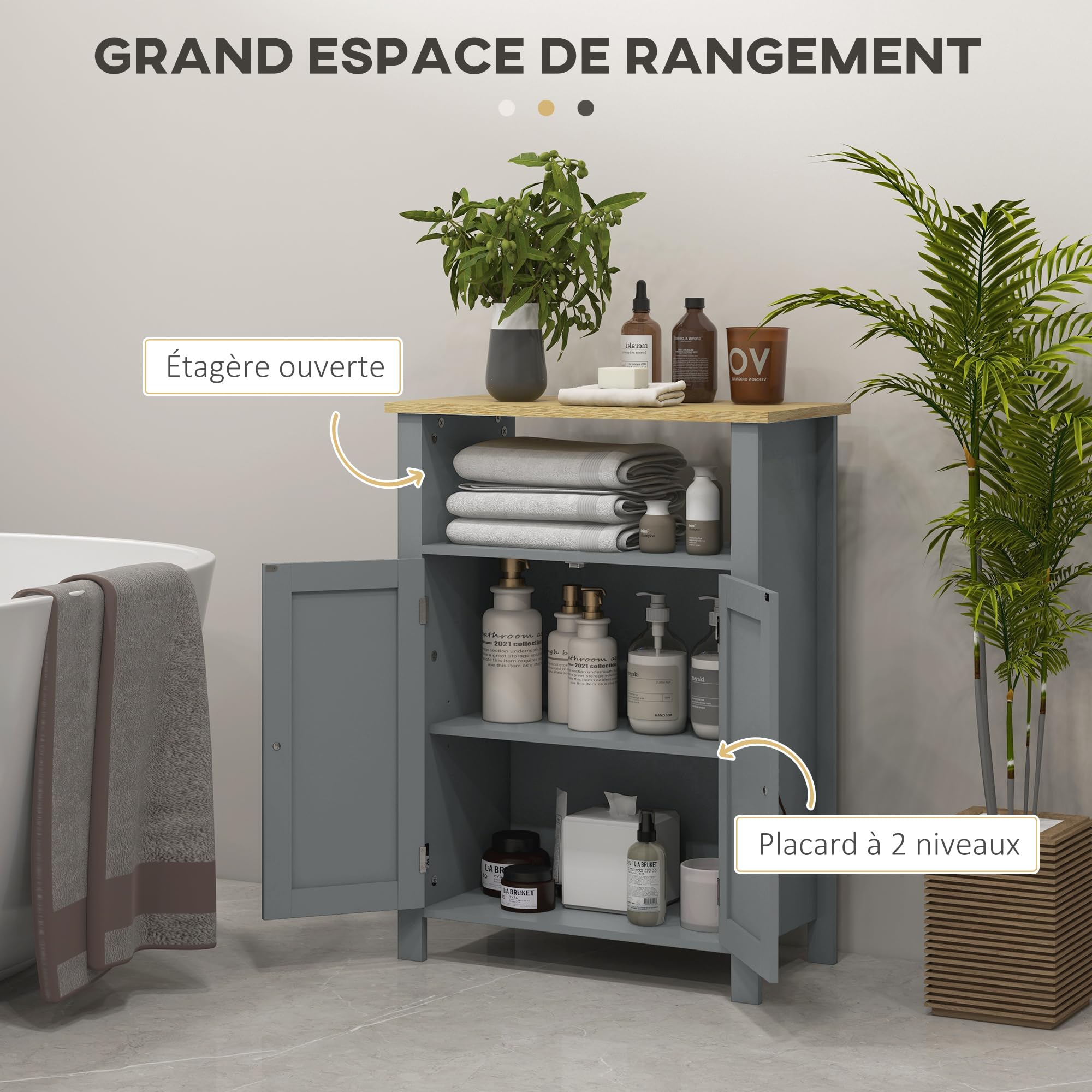 kleankin Meuble Bas de Salle de Bain Multi-Rangements, Gris et Naturel | Grande Niche, Placard Double Porte, Étagère Réglable en Hauteur