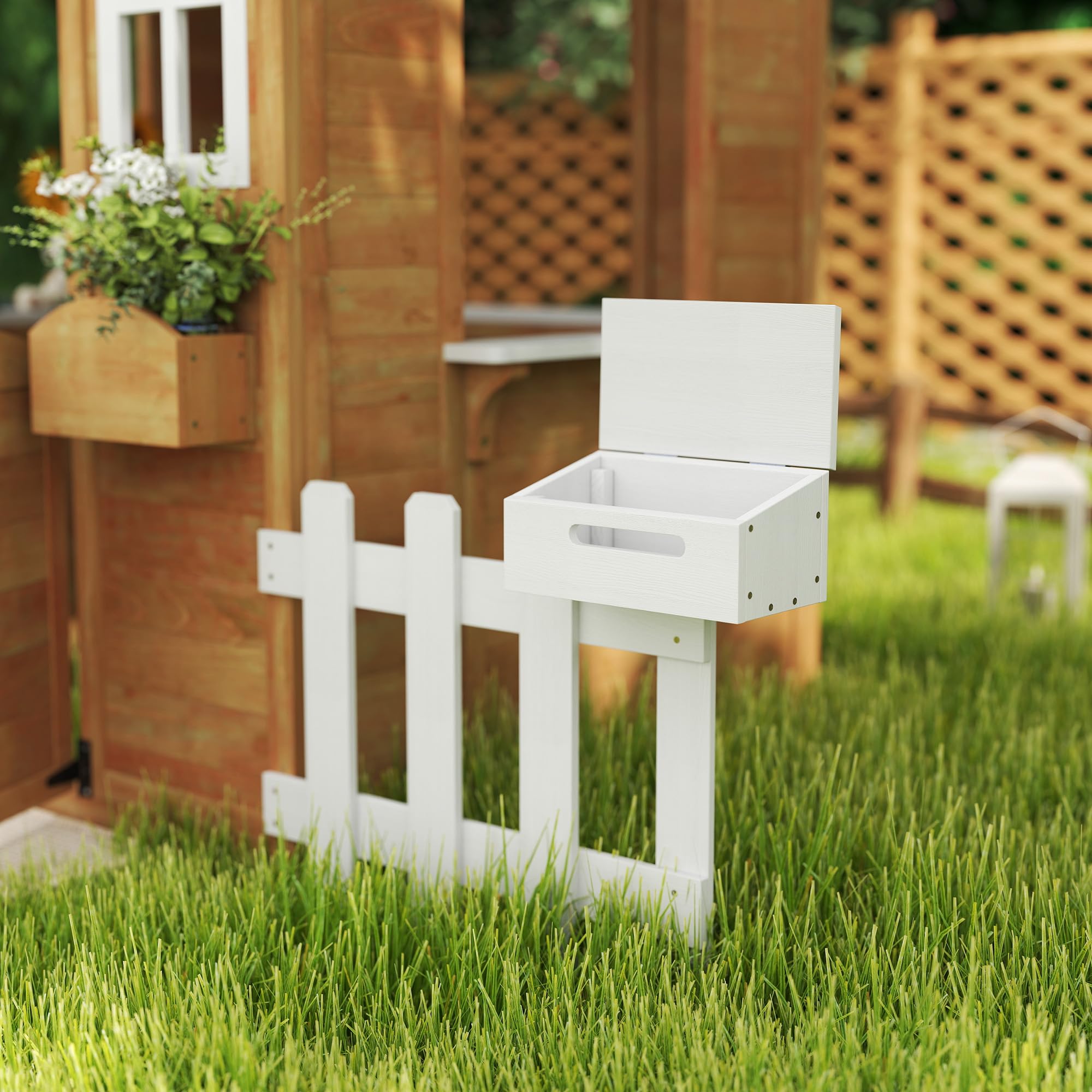 Outsunny Casetta Bambini Legno Giardino con Finestre Staccionata Portavasi Panca 205x119x140 cm