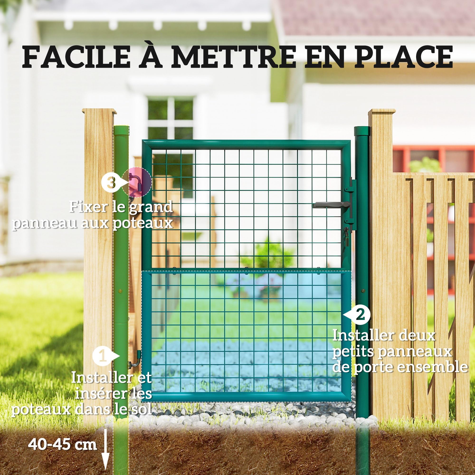 Outsunny Portillon de jardin en acier 97 x 150 cm portail de jardin avec serrure, clés et poignée, décoration en flèche, portillon de patio extérieur, vert