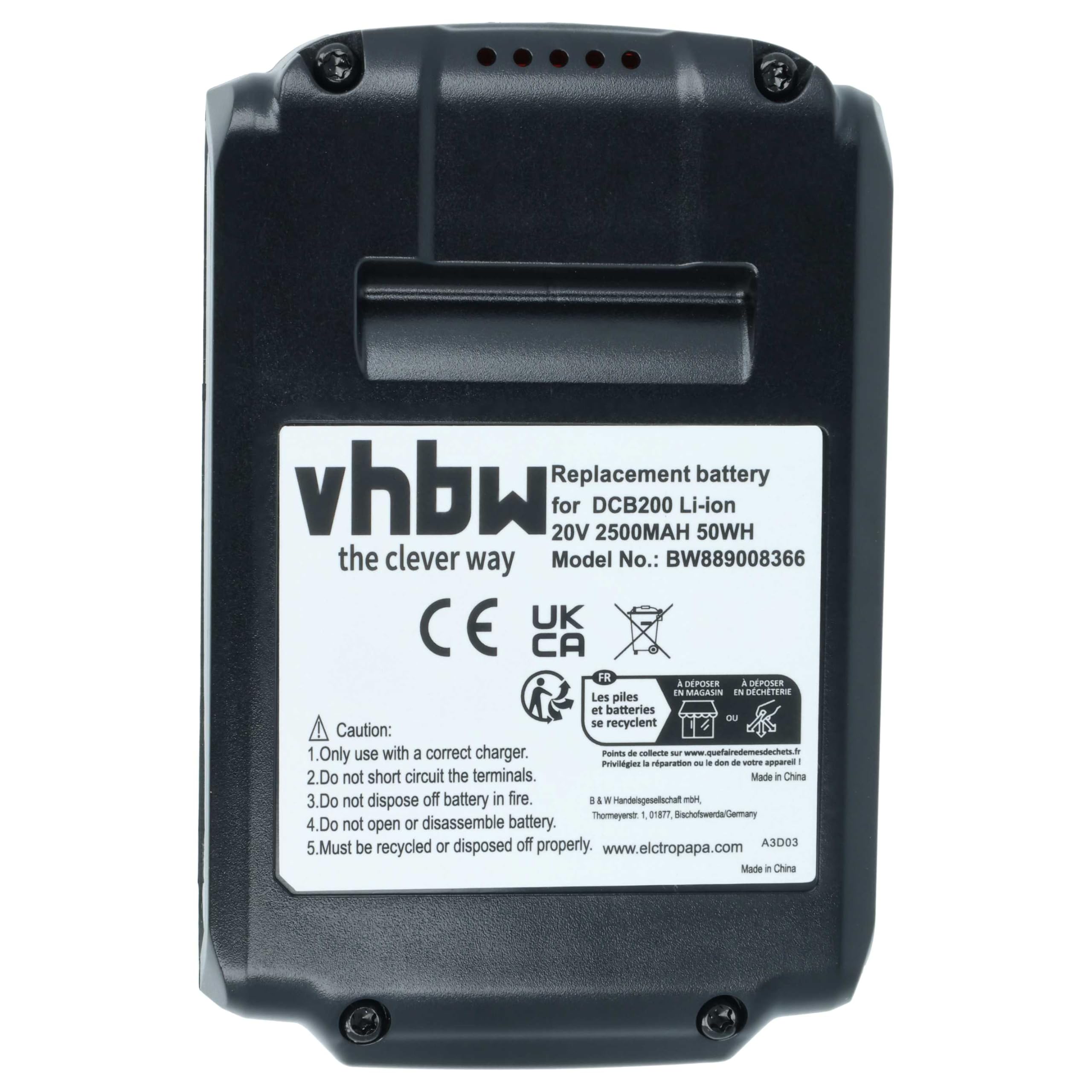 vhbw Batería Compatible con Dewalt DCS391, DCS381, DCS380M1, DCS380L1 | para DCS380B, DCS373M2, DCS355, DCS331N herramienta (2500 mAh, Li-Ion, 20 V)