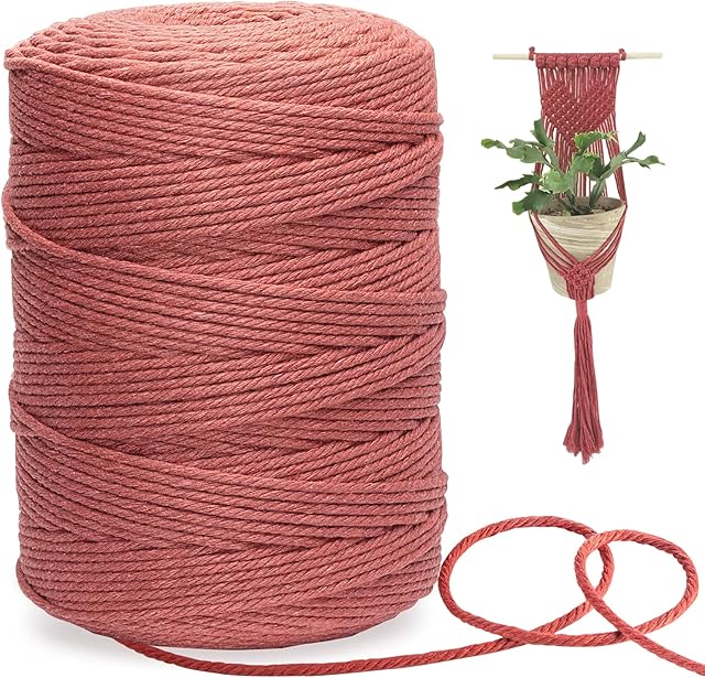 Macrame Cord 3mm x 300m, Macrame Rope Cotton, 4-Strand Twisted Soft Natural Cotton Macrame String for Plant Hanger, Wall Hanging, Dream Catcher, Knitting and DIY Craft Decorative Projects, Brick Red
